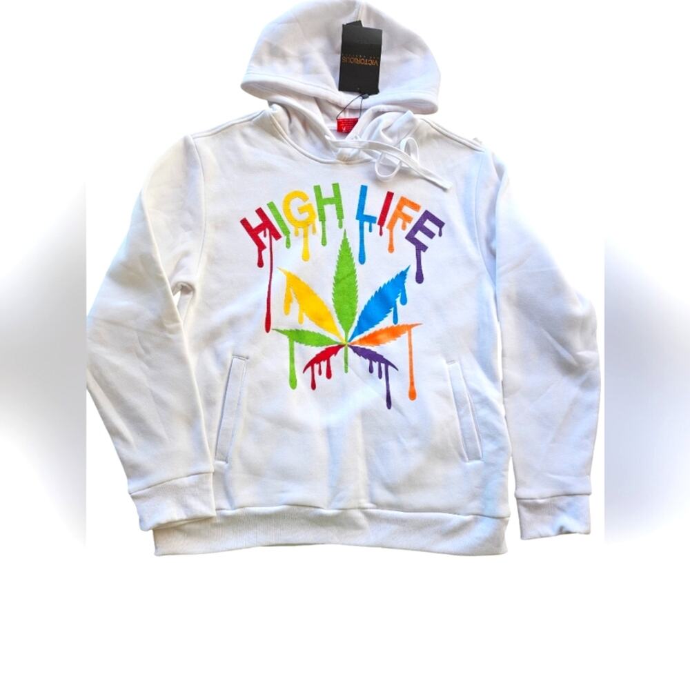 NWT Victorious LA Large Colorful HIGH LIFE 420 Weed Drip Hoodie Jacket White